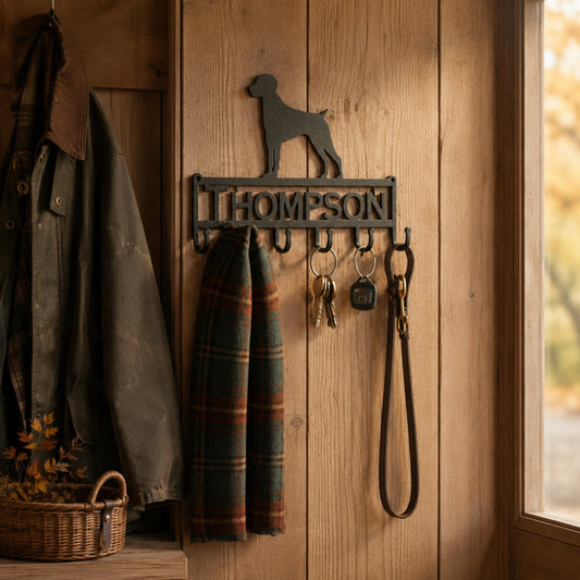 Personalized German Shorthaired Pointer key holder with six hooks in a rustic fall mudroom
