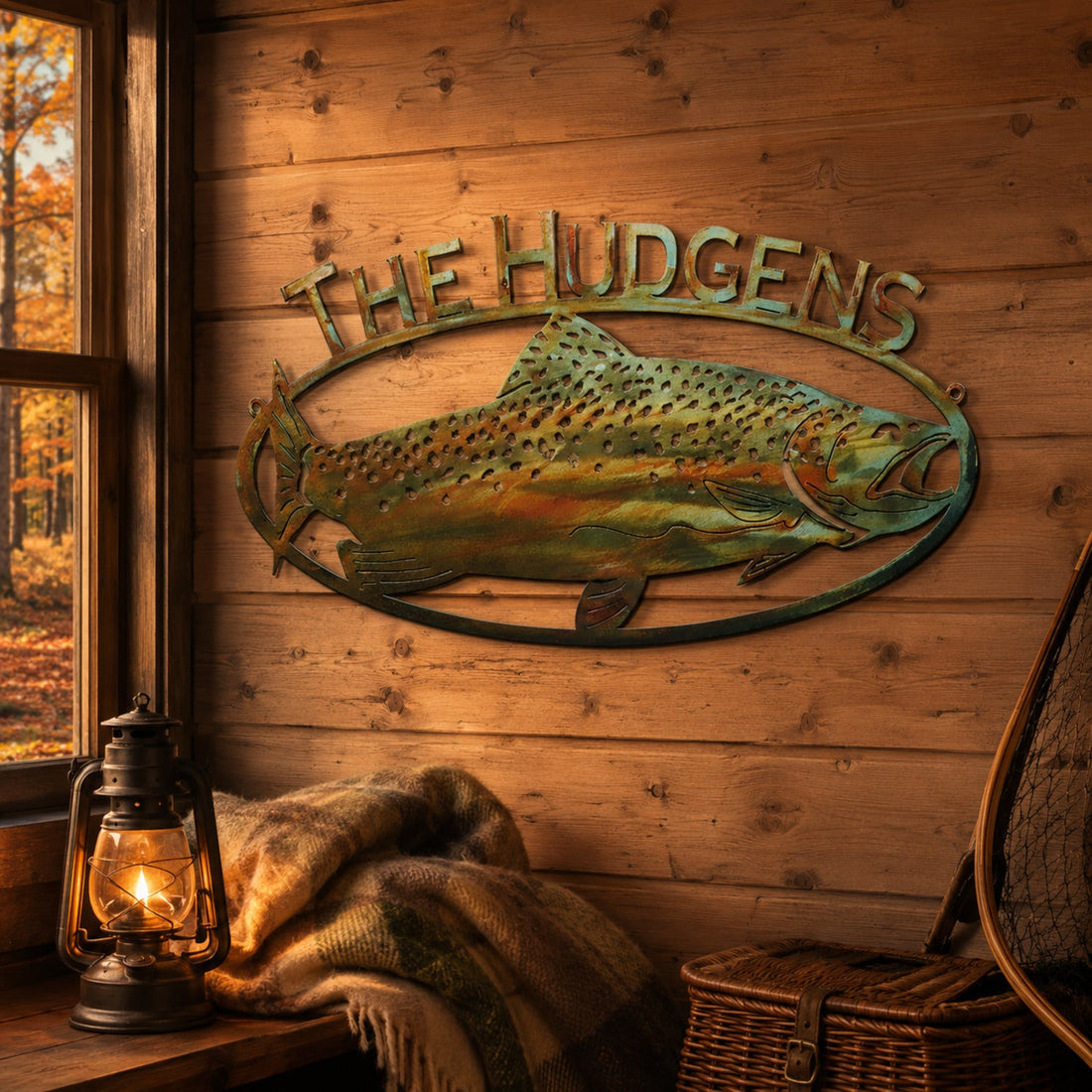 Personalized Heat Treatment trout metal sign displayed on a warm fall fishing-cabin wall