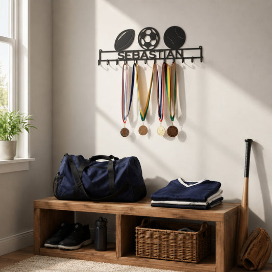Personalized Matte Black multi-sport medal holder with twelve hooks in a bright youth sports room