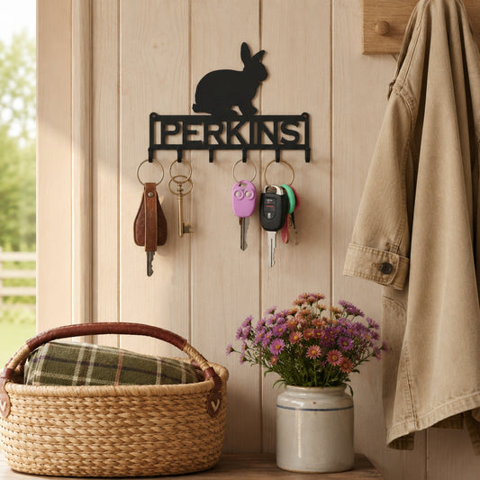 Personalized Matte Black rabbit key holder with six hooks in a bright farmhouse mudroom