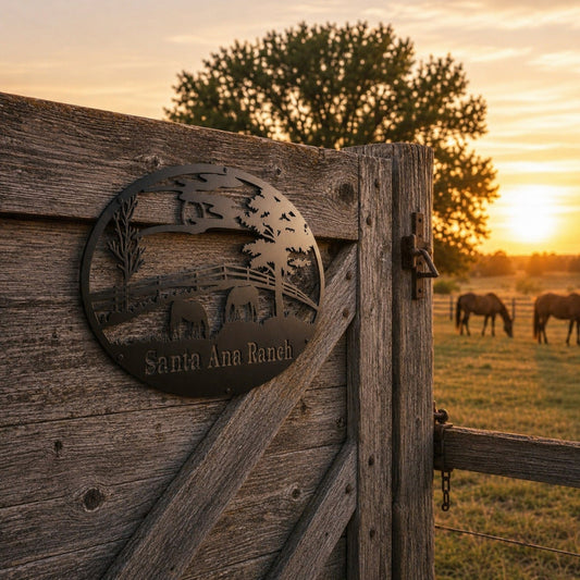 Personalized Matte Black horse ranch metal sign on a weathered gate at autumn sunset
