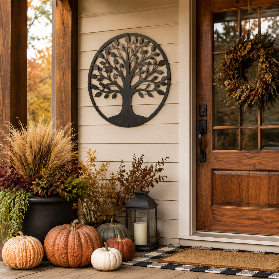 Matte black metal tree wall art on a warm fall front porch with pumpkins and dried grasses