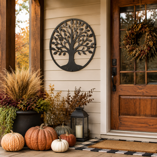 Matte black metal tree wall art on a warm fall front porch with pumpkins and dried grasses