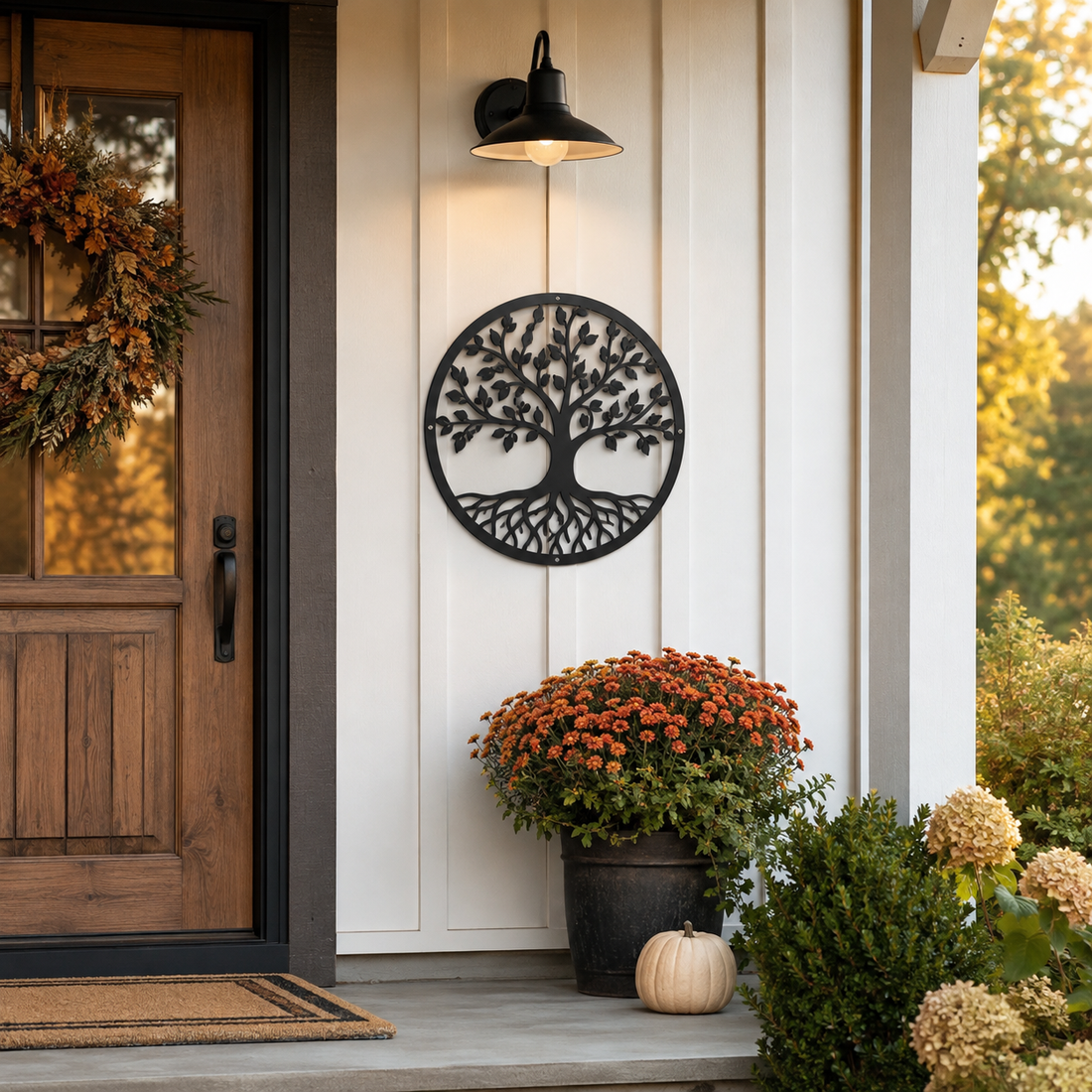 Black powder-coated metal welcome sign on a warm early-fall farmhouse porch