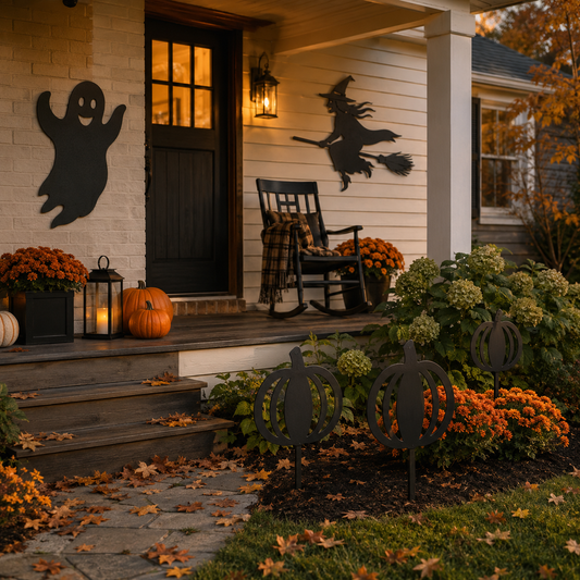 Matte black metal ghost, witch and pumpkin Halloween decor displayed on a warmly lit fall porch