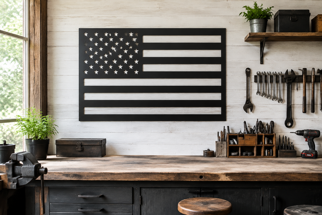 Matte black metal wall sign displayed above a workbench in a bright rustic garage workshop