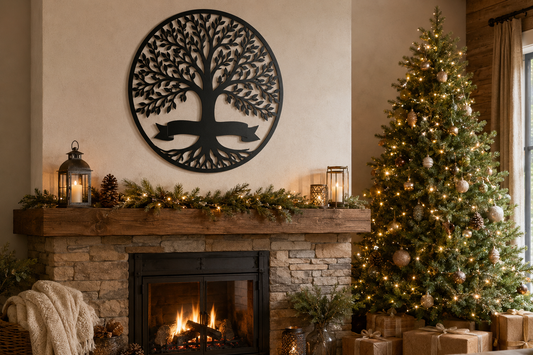 Personalized Tree of Life metal sign above a cozy Christmas mantel with a decorated tree and wrapped gifts