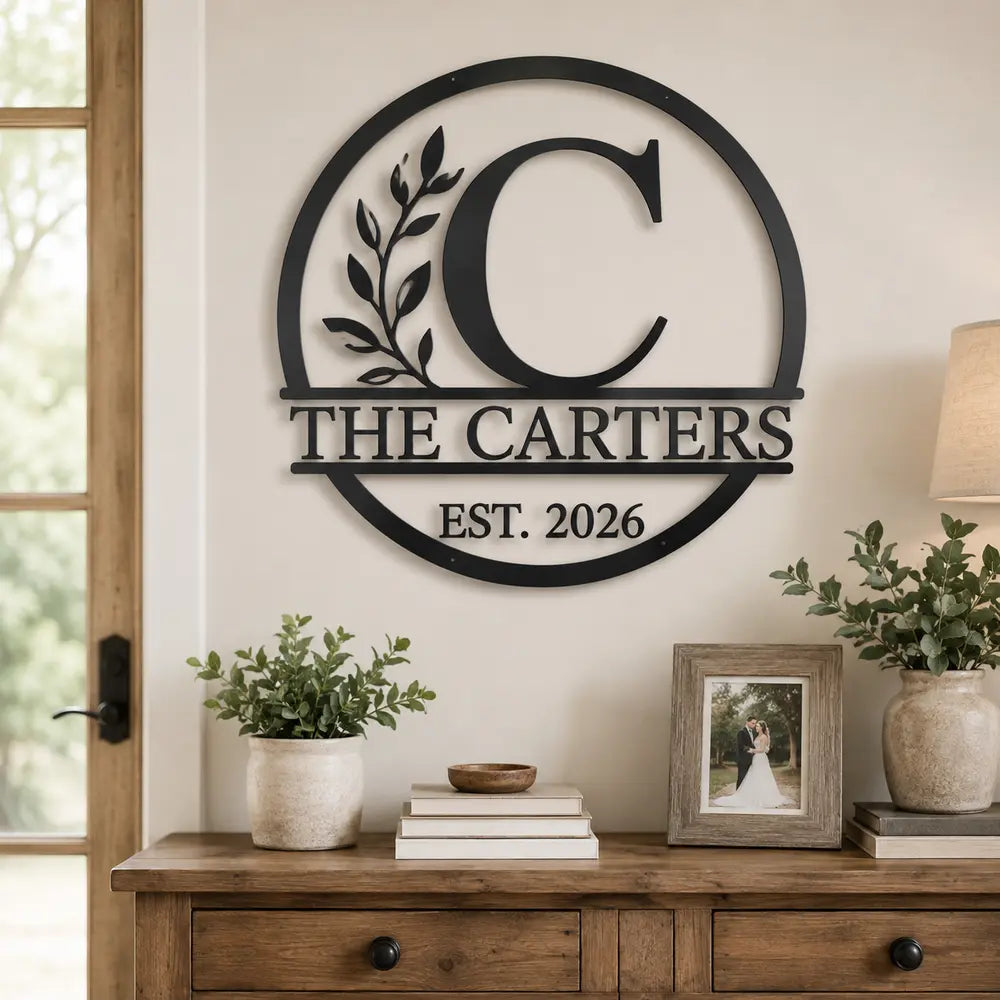 Personalized metal family name sign displayed as a wedding gift in a newlywed home