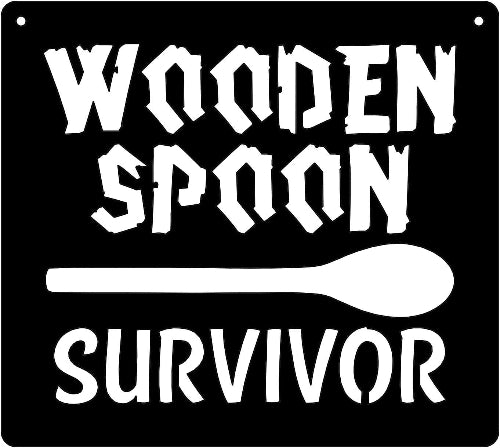 Black sign and a spoon illustration, featuring the phrase 'Wooden Spoon Survivor'.