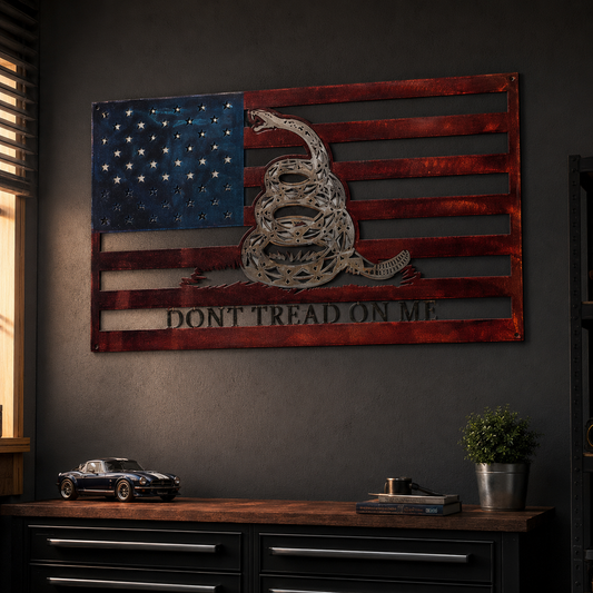 Don't Tread on Me Gadsden flag metal wall art displayed in a patriotic garage