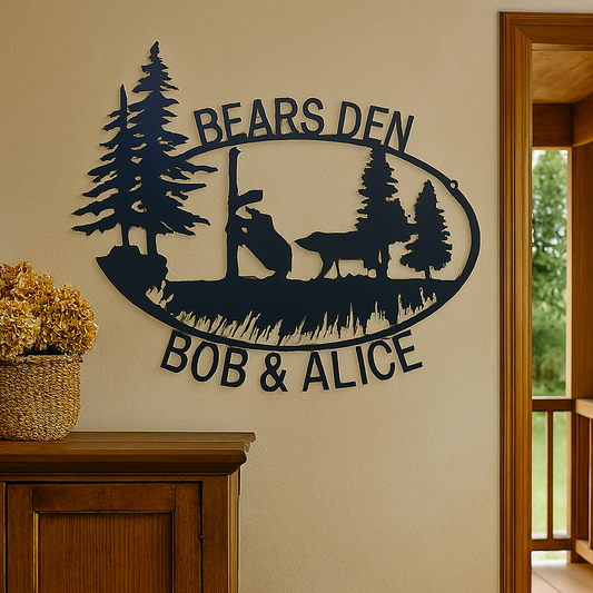 Decorative wall sign with bear and tree design on a beige wall, featuring 'Bears Den Bob & Alice'.