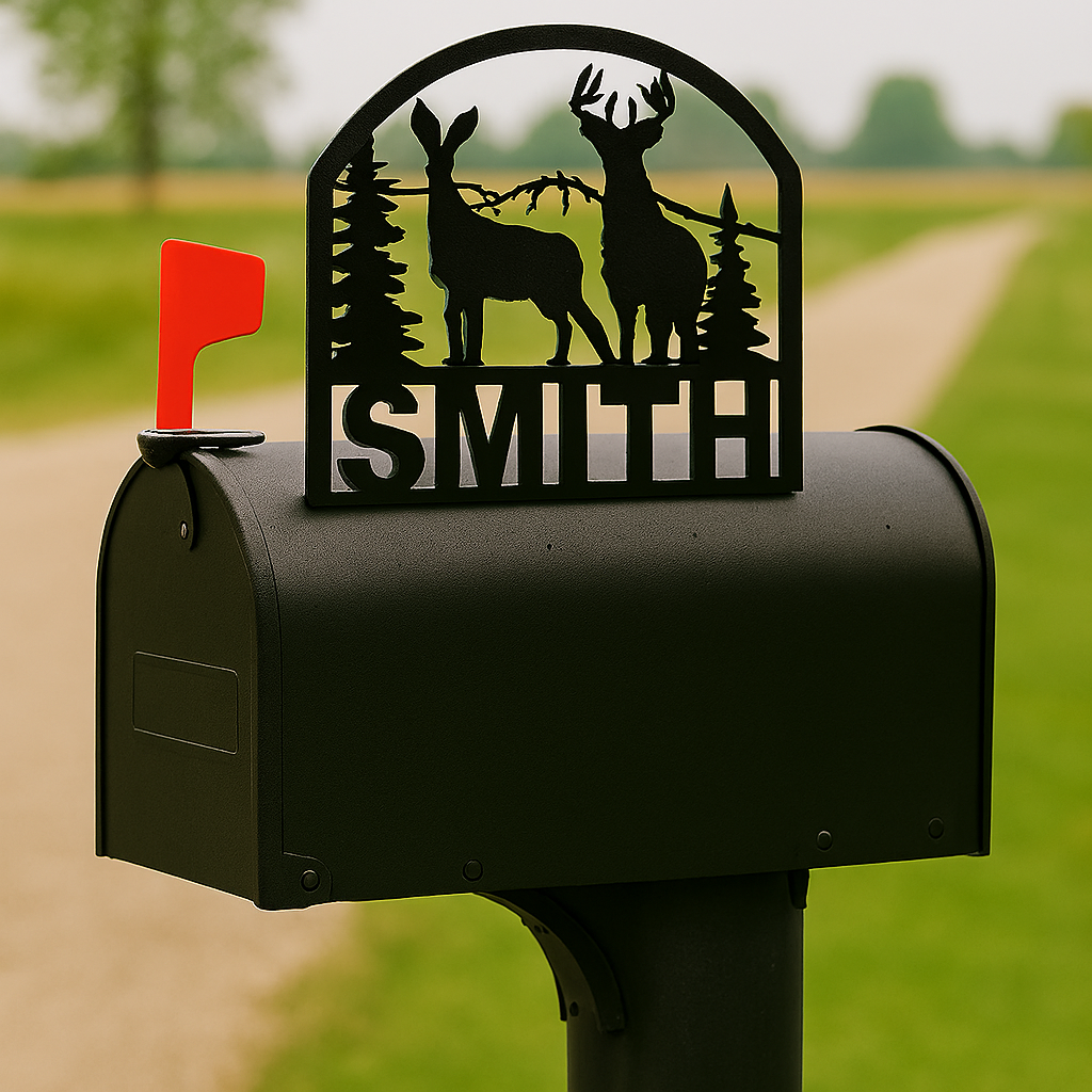 Black mailbox with deer and tree design and 'SMITH' text, set against a blurred natural background.