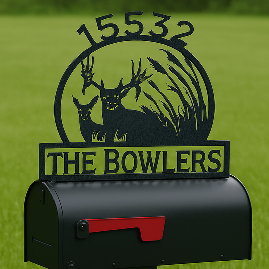 Decorative mailbox top with deer design and 'THE BOWLERS' text on a green background