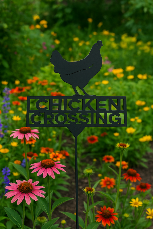 Metal 'Chicken Crossing' sign in a garden with flowers