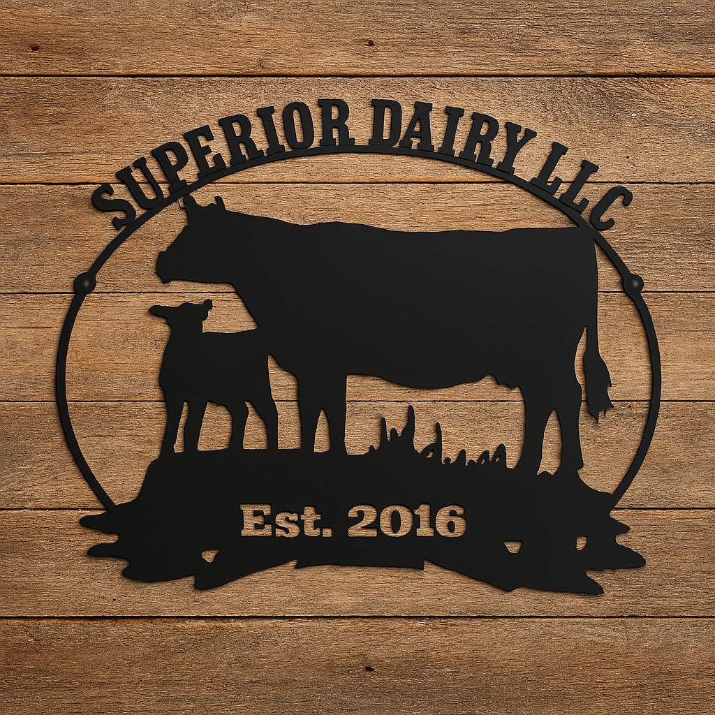 Metal sign with cow and calf silhouette and 'Superior Dairy LLC' text on wooden background