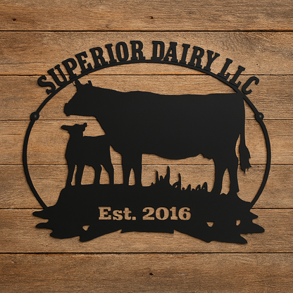 Metal sign with cow and calf silhouette and 'Superior Dairy LLC' text on wooden background
