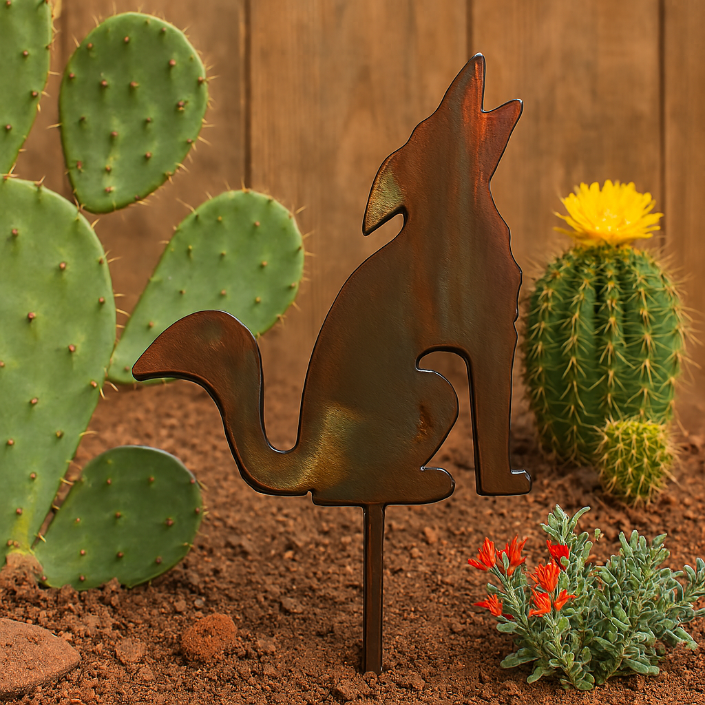 Metallic fox-shaped garden stake in front of cacti and succulents