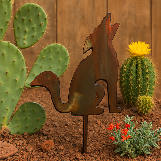 Metallic fox-shaped garden stake in front of cacti and succulents