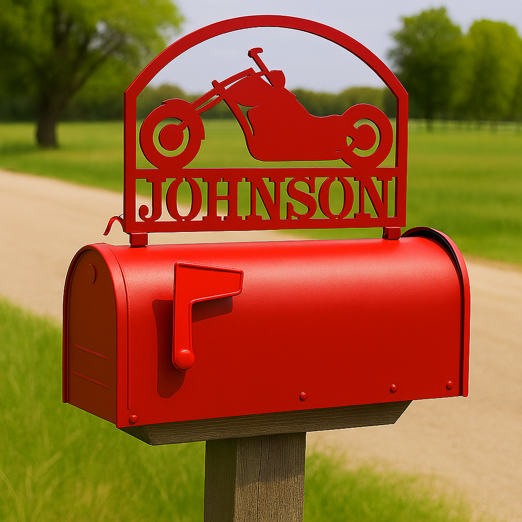 Red mailbox  with custom motorcle mailbox topper