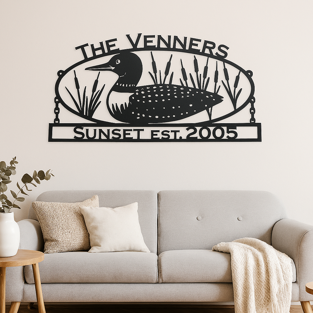 Custom Loon Metal Sign – Lakehouse Wall Art with Cattails & Personalized Text (W1)