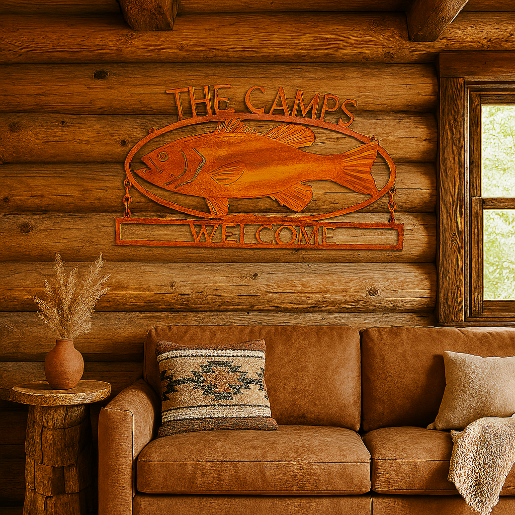Custom Rustic Metal Fish Sign – “Down by the River” Lodge & Cabin Decor (Q9)