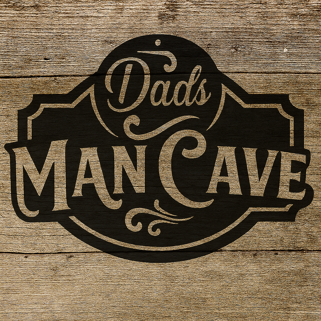 Decorative sign with 'Dad's Man Cave' text on a wooden background