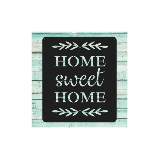 Home Sweet Home metal wall art displayed in a welcoming farmhouse entryway