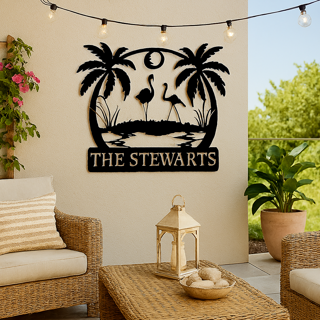 Decorative metal sign with 'The Stewarts' on a wall in an outdoor setting with furniture and plants.
