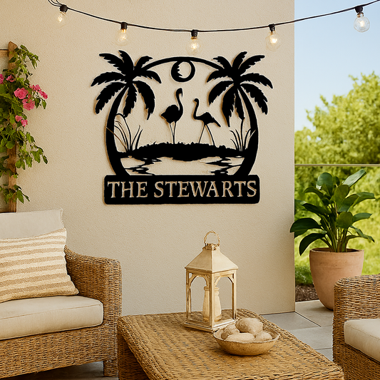 Decorative metal sign with 'The Stewarts' on a wall in an outdoor setting with furniture and plants.