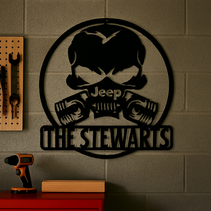 Jeep with Gas Mask Metal Wall Art - Industrial Adventure (C75)