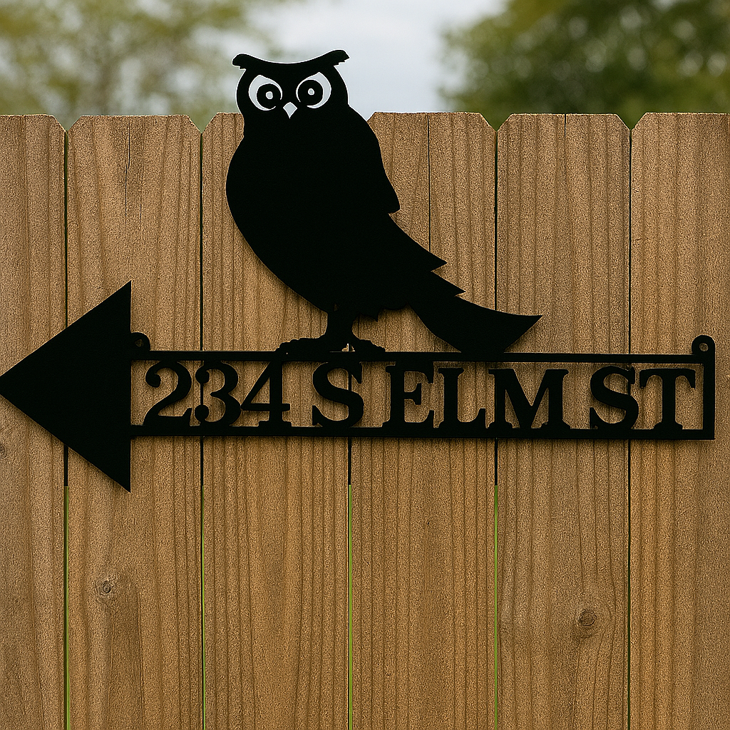 Metal street sign with owl design on a wooden fence