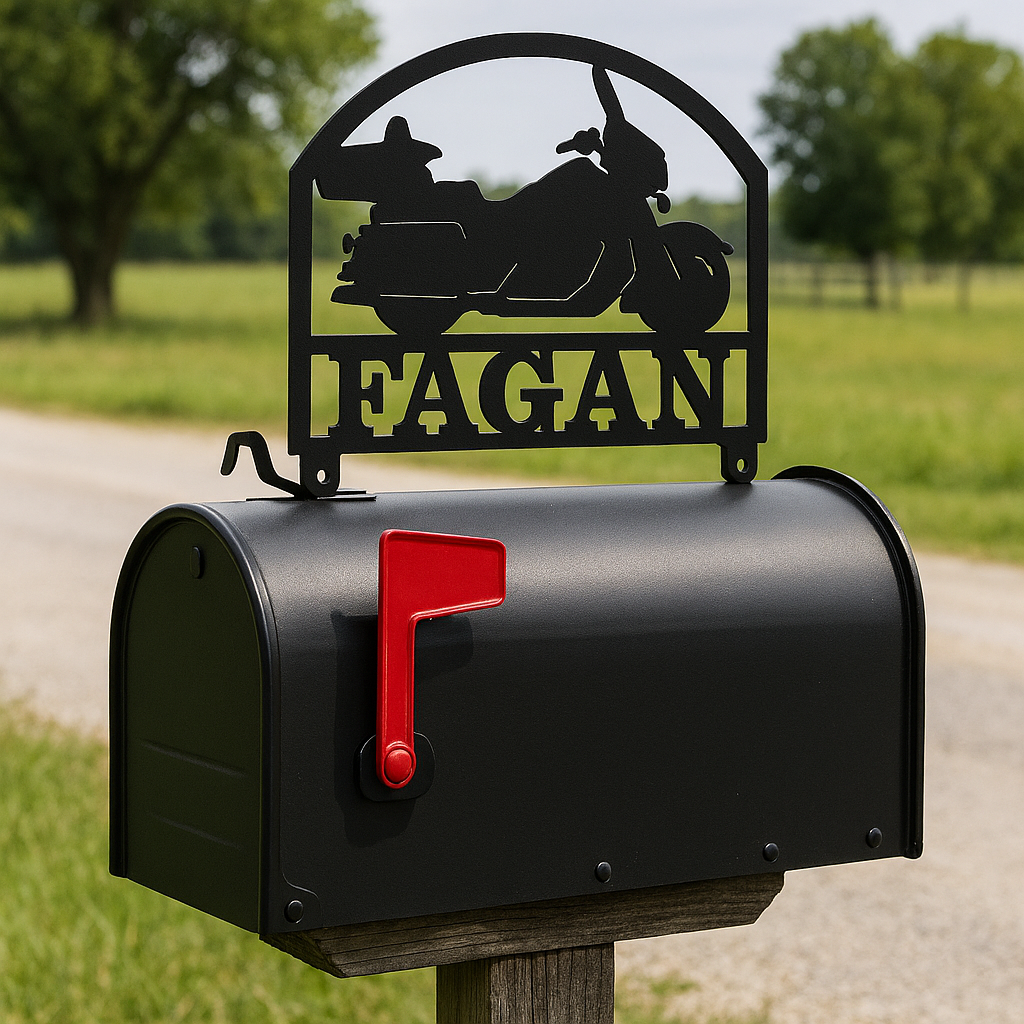 Black mailbox with a decorative sign featuring a motorcycle and the name 'FAGAN' in a rural setting.