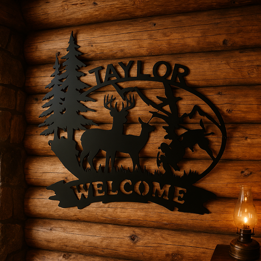 Outdoor Scene with Deer, Ducks, Turkey, and Custom Text (B26)