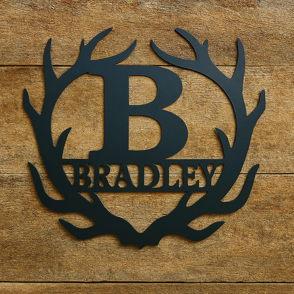 Decorative metal sign with 'B' and 'BRADLEY' text on a wooden background