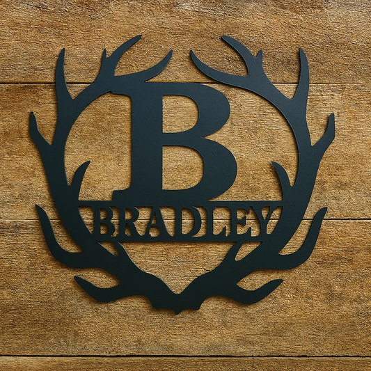 Decorative metal sign with 'B' and 'BRADLEY' text on a wooden background