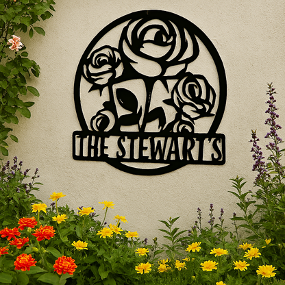 Decorative metal sign with roses and 'The Stewarts' text on a wall with flowers below.