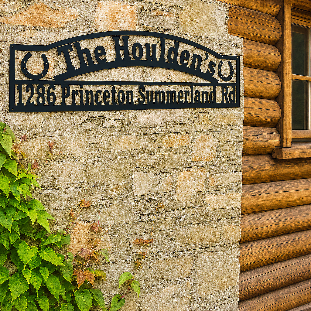 House sign with 'The Houlden's' and address on a stone wall next to a wooden log cabin.