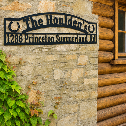 House sign with 'The Houlden's' and address on a stone wall next to a wooden log cabin.