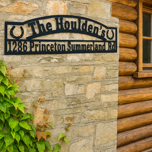 House sign with 'The Houlden's' and address on a stone wall next to a wooden log cabin.