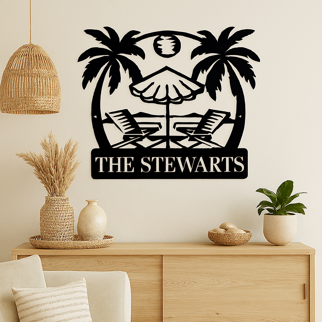Decorative wall art with palm trees, lounge chairs, and umbrella on a beige wall above a wooden cabinet.