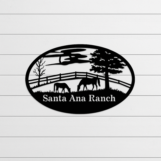 Personalized Ranch Sign – Grazing Horses Metal Wall Art (E25)