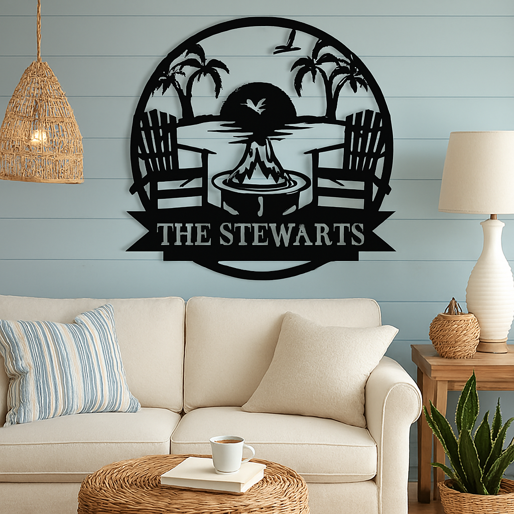 Decorative wall art with 'The Stewarts' text above a sofa in a living room.