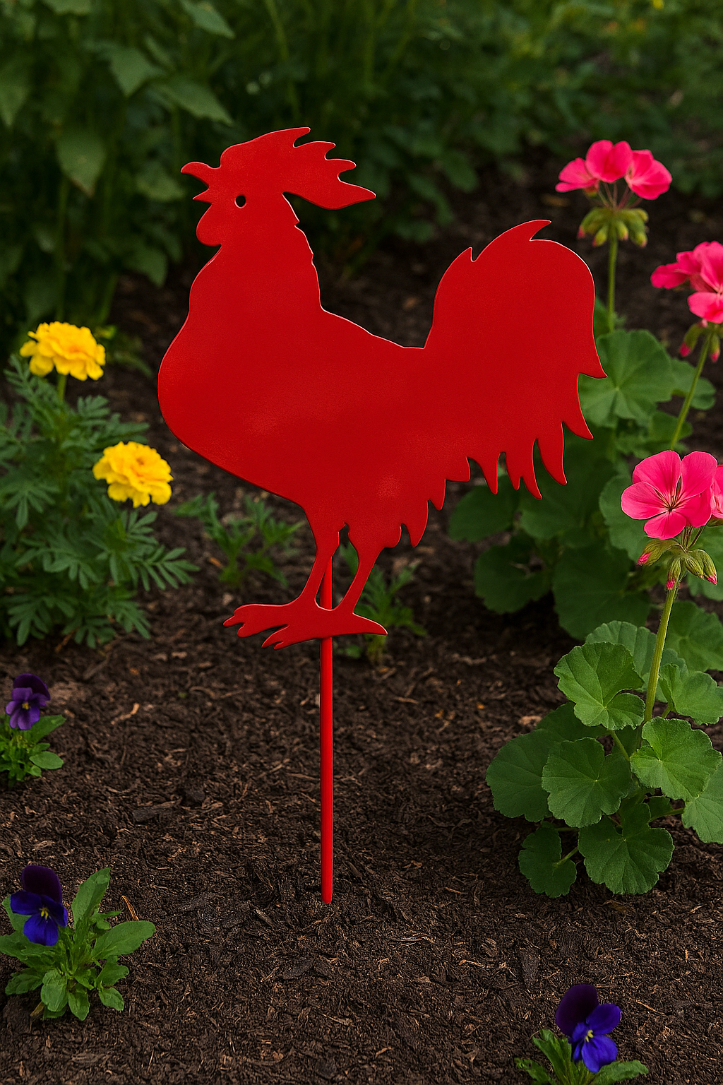 Red rooster-shaped garden stake among flowers