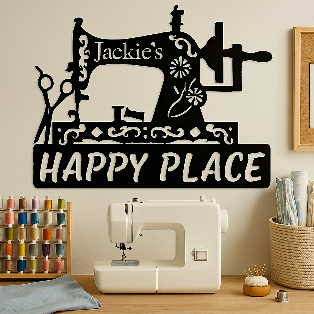 Decorative wall art with 'Jackie's Happy Place' over a sewing machine on a wall.