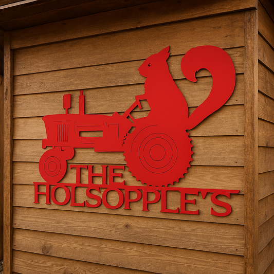 Squirrel on a Tractor – Personalized Metal Wall Art for Farmhouse & Shed (W28)