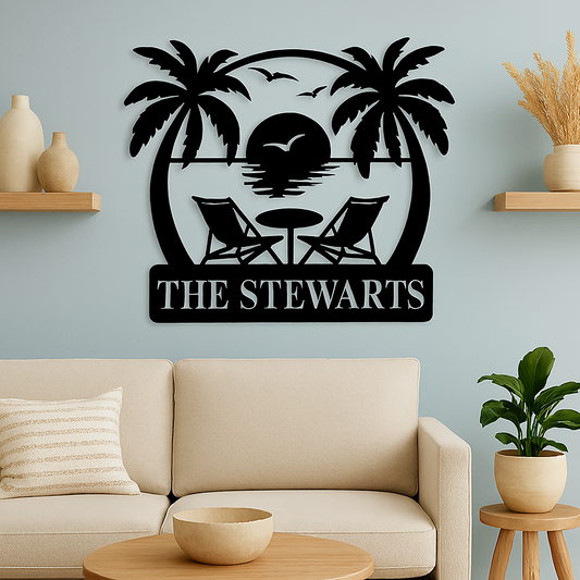 Decorative wall art with palm trees, lounge chairs, and a table, featuring 'THE STEWARTS', in a living room setting.