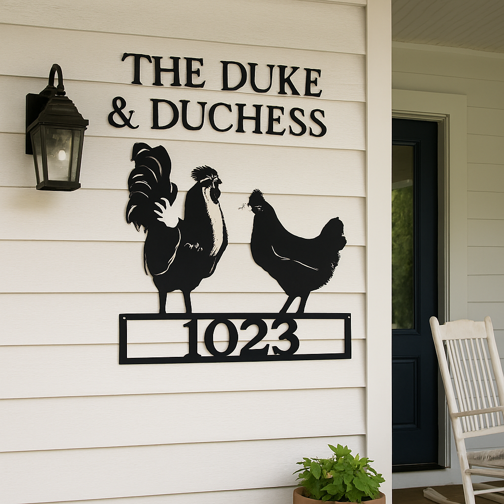 Decorative metal sign with rooster and hen design on a house exterior.