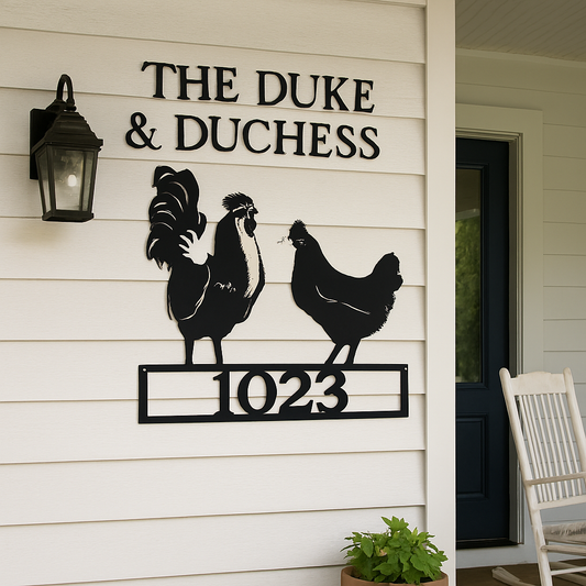 Decorative metal sign with rooster and hen design on a house exterior.