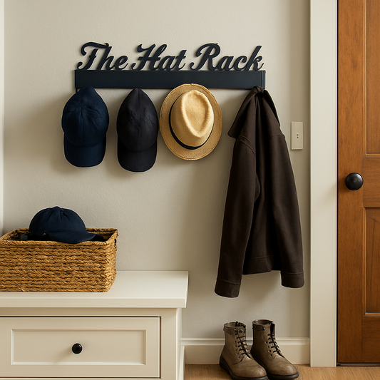 Hat rack with hats, a coat, and a basket on a wall next to a door.