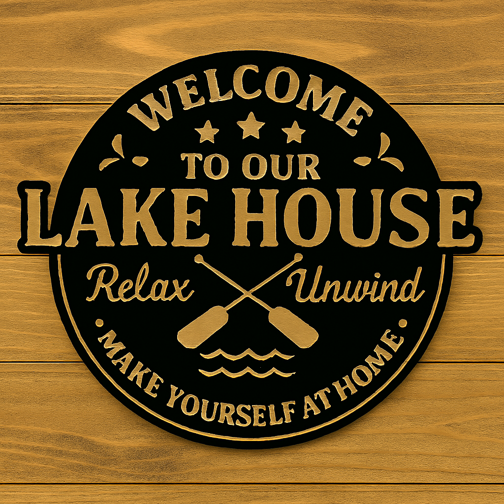 Decorative sign with 'Welcome to our Lake House' text on a wooden background